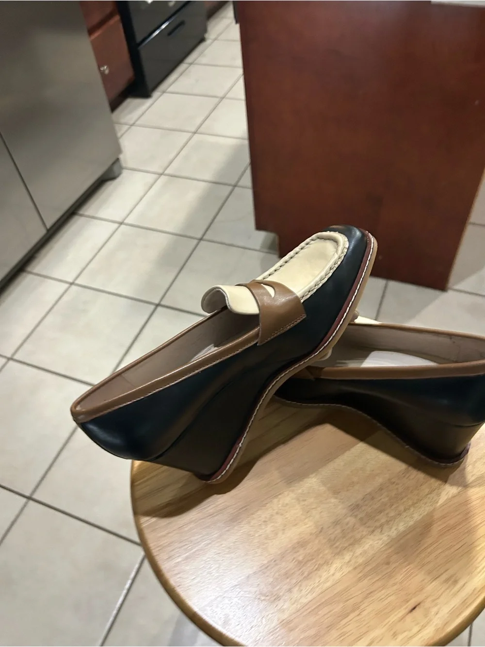 Sanctuary Tri-Tone Wedge Loafers in Black, Brown & Cream